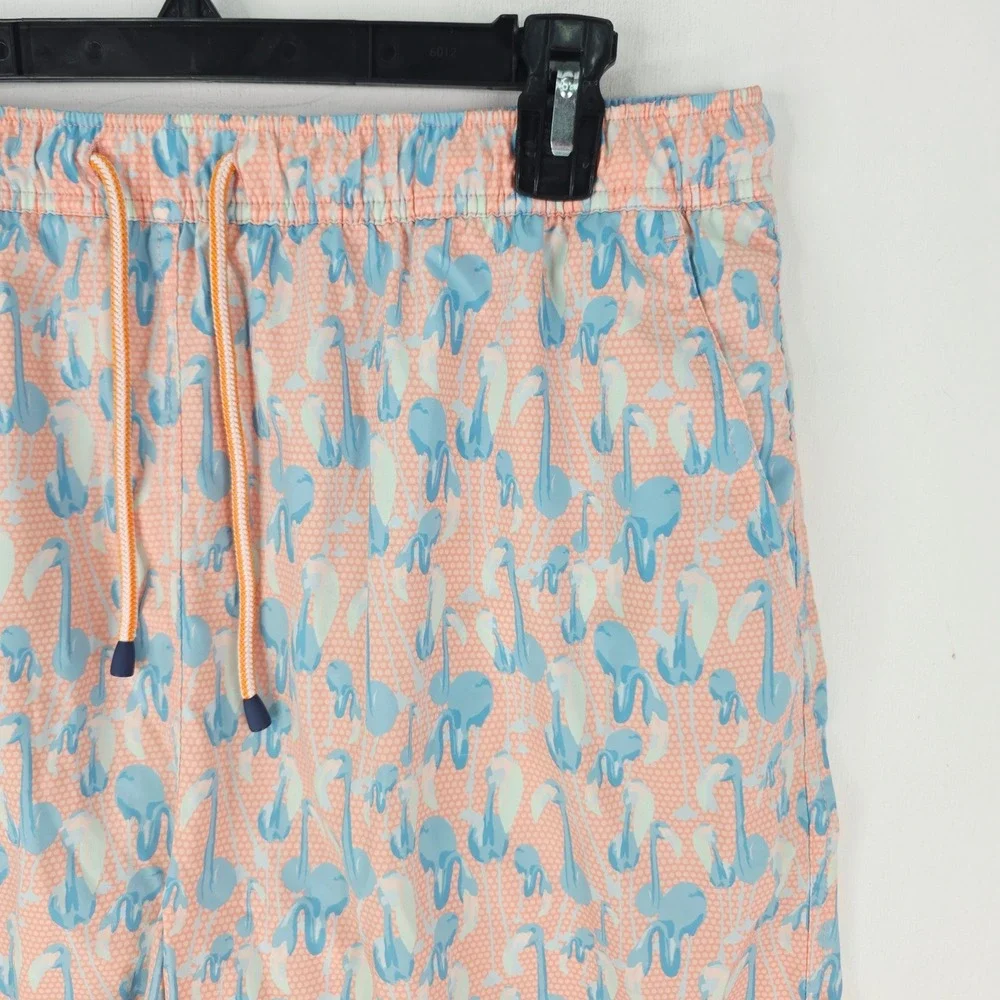 Peter Millar Mens Flamingo Print Swim Trunks Peach Blue Board Shorts Large